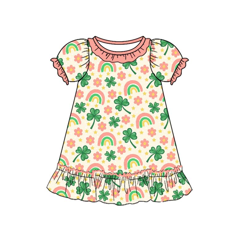(Pre Order) No moq GSD2815 PRE-ORDER baby girl clothes floral rainbow bow short sleeve dress-2025.9.16