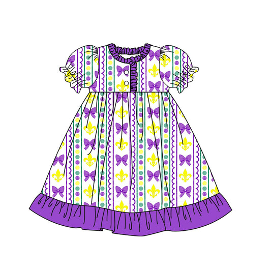 (Pre Order) No moq GSD2825 PRE-ORDER baby girl clothes mardi gras bow short sleeve dress-2025.9.18