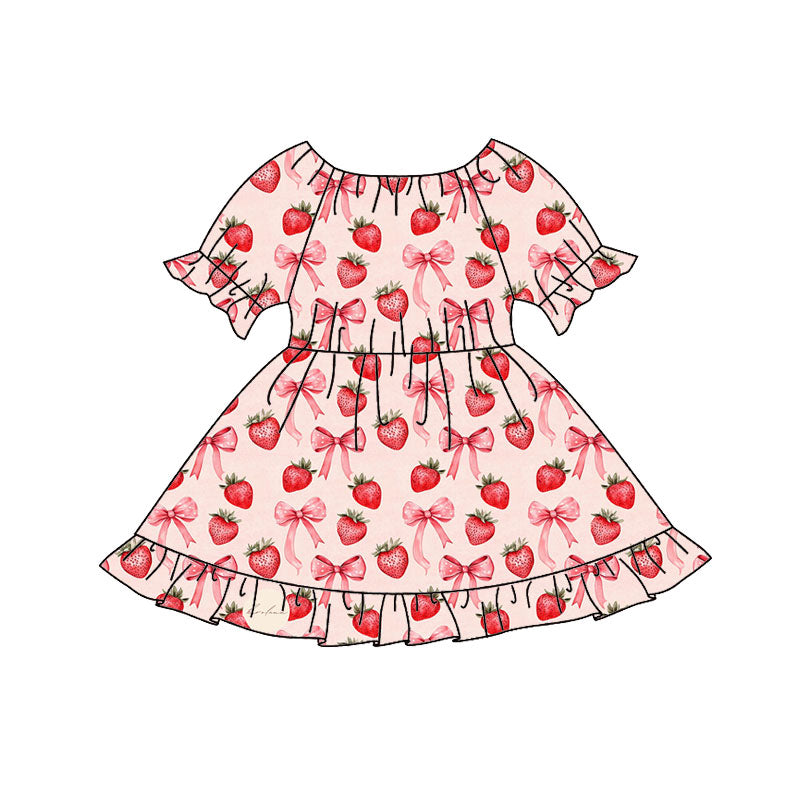 (Pre Order) No moq GSD2837 PRE-ORDER baby girl clothes strawberry bow short sleeve dress-2025.9.24