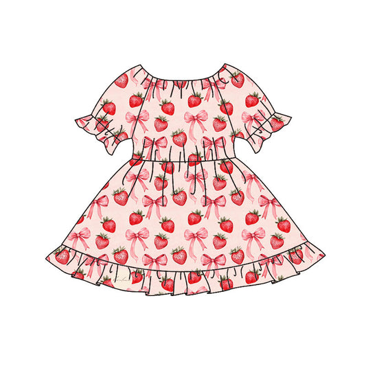 (Pre Order) No moq GSD2837 PRE-ORDER baby girl clothes strawberry bow short sleeve dress-2025.9.24