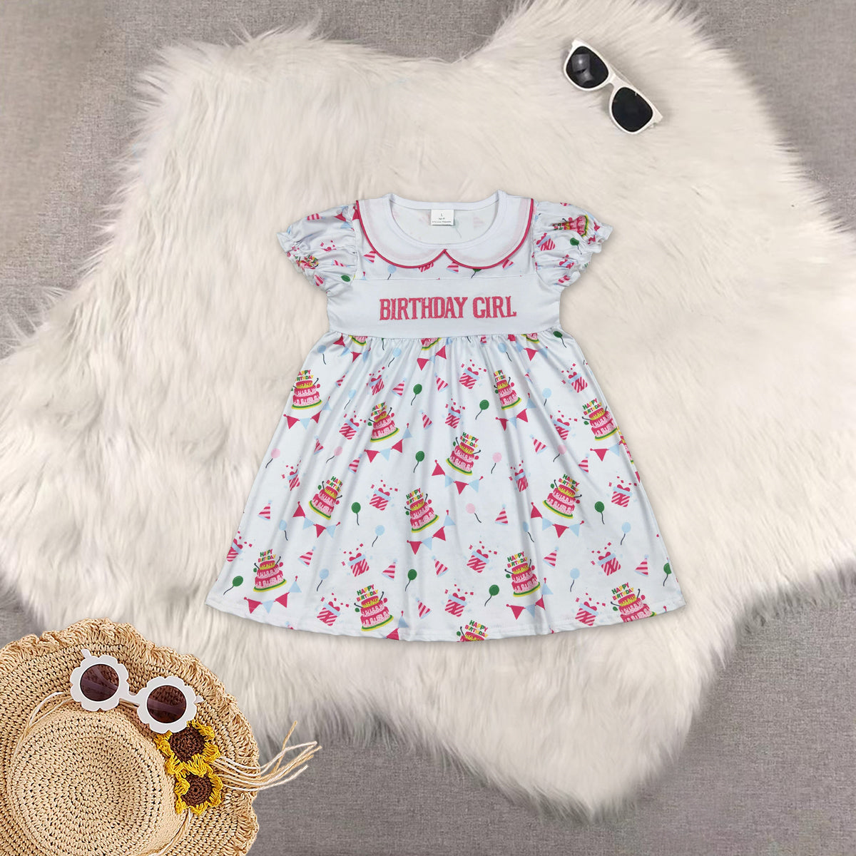 RTS NO MOQ Sibling baby girl clothes Gift Box-Birthday Hat-Cake Pattern Short Sleeve Dresses