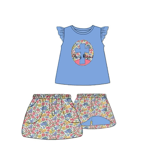 (Pre Order) No moq GSD2892 PRE-ORDER baby girl clothes easter blue flying sleeve skirt sets-2025.10.9