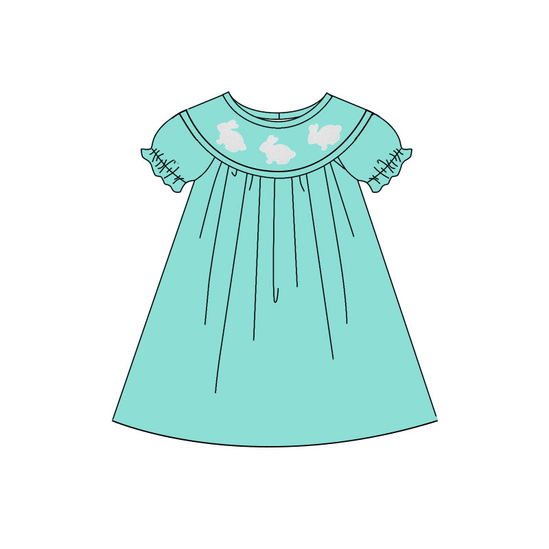 (Pre Order) No moq GSD2923 PRE-ORDER baby girl clothes bunny teal short sleeves dress-2025.10.15