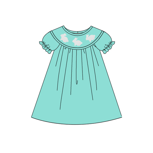 (Pre Order) No moq GSD2923 PRE-ORDER baby girl clothes bunny teal short sleeves dress-2025.10.15