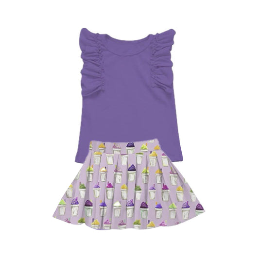 (Pre Order) No moq GSD2929 PRE-ORDER baby girl clothes purple flying sleeve skirts sets-2025.10.18