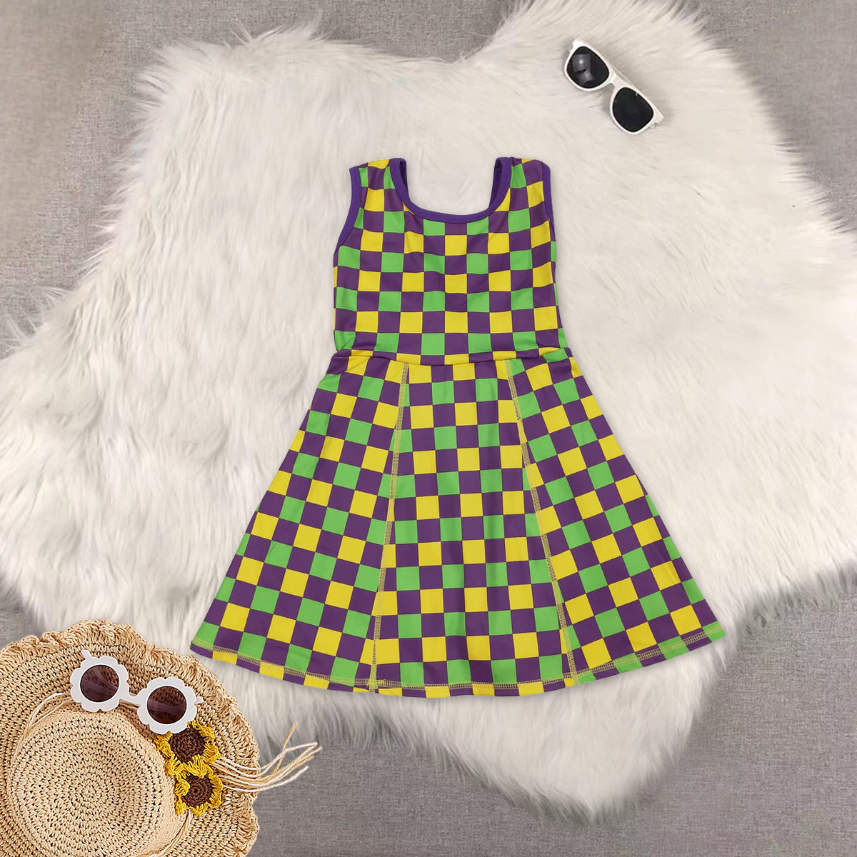 RTS NO MOQ Sibling baby Girls clothes mardi gras yoga sleeveless dresses