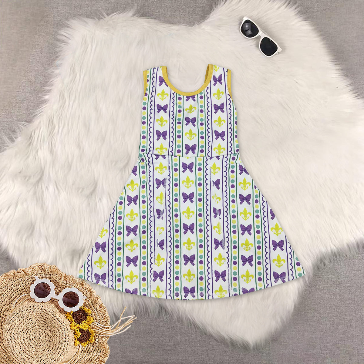 RTS NO MOQ Sibling baby Girls clothes mardi gras yoga sleeveless dresses