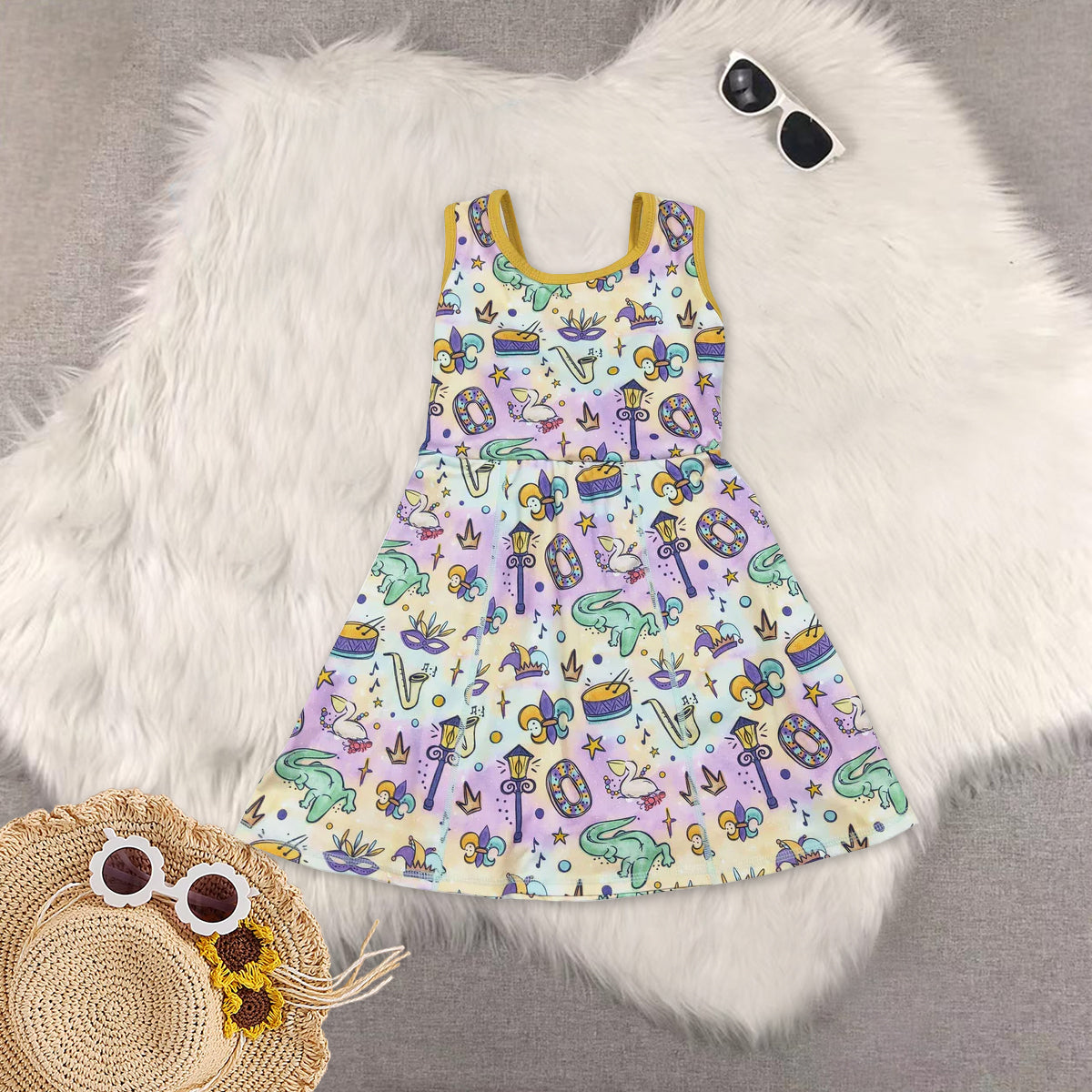 RTS NO MOQ Sibling baby Girls clothes mardi gras yoga sleeveless dresses