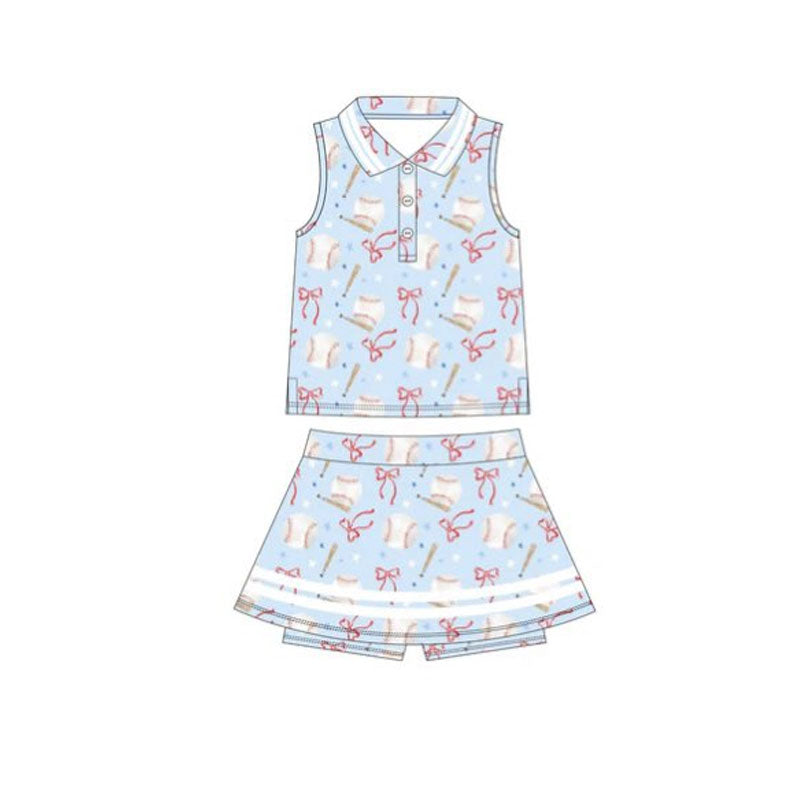 (Pre Order) No moq GSD2976 PRE-ORDER baby girl clothes yoga baseball bow sleeveless skirts sets-2025.10.27