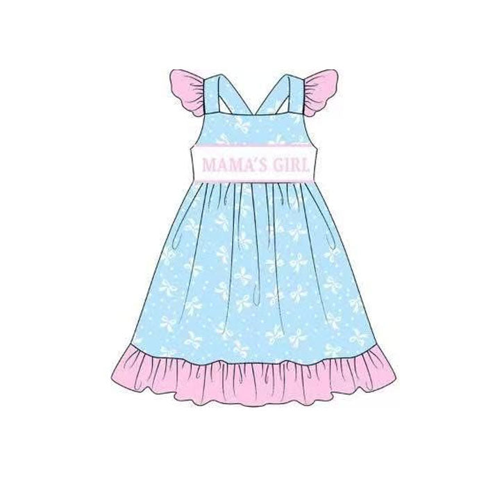 (Pre Order) No moq GSD2979 PRE-ORDER baby girl clothes MAMA bow blue flying sleeve dress-2025.10.28