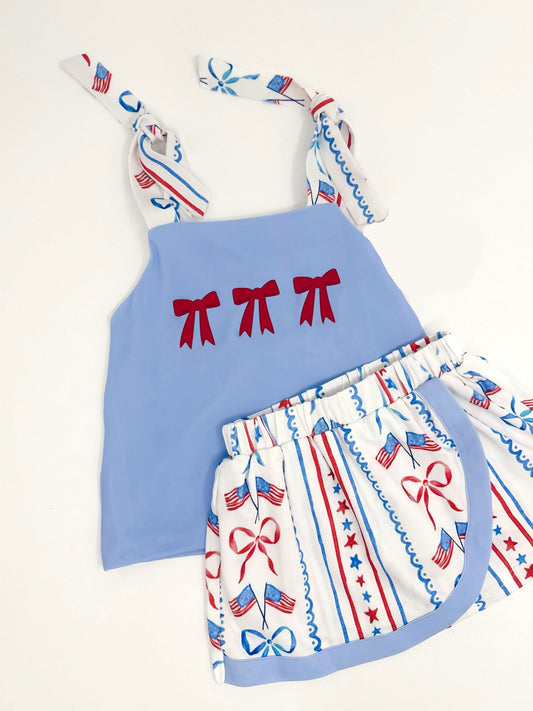 (Pre Order) No moq GSD3025 PRE-ORDER baby girl clothes flag bow suspender skirt sets-2025.11.3