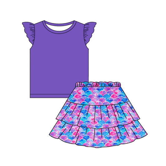 (Pre Order) No moq GSD3091 PRE-ORDER baby girl clothes purple flying sleeve skirts sets-2025.11.10