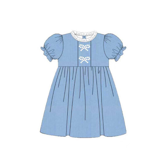 (Pre Order) No moq GSD3102 PRE-ORDER baby girl clothes bow blue short sleeve dress-2025.11.11
