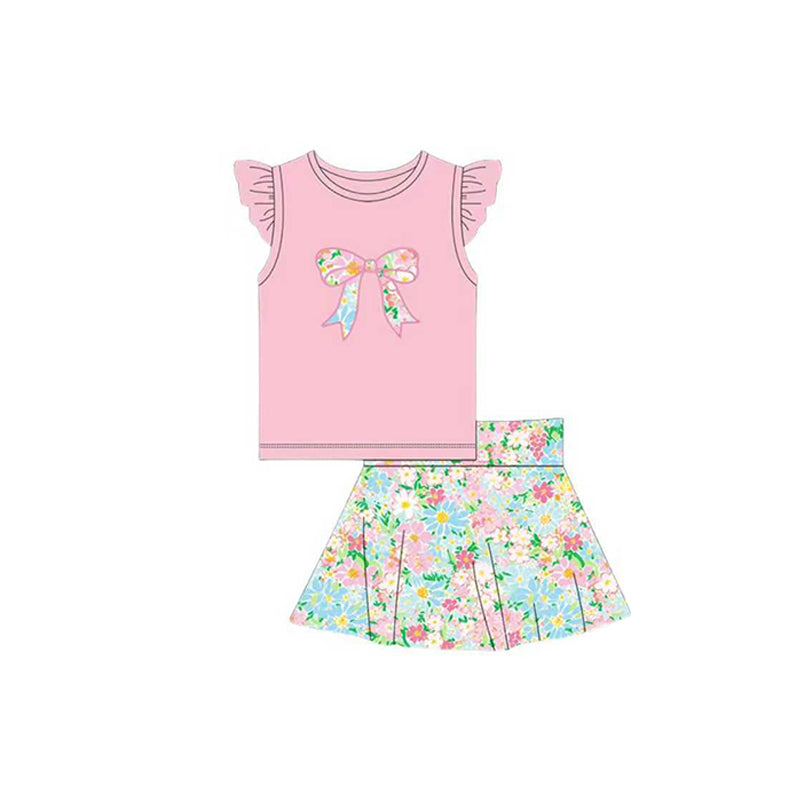 (Pre Order) No moq GSD3134 Pre-order baby girl clothes floral bow pink flying sleeve skirts sets-2025.11.14