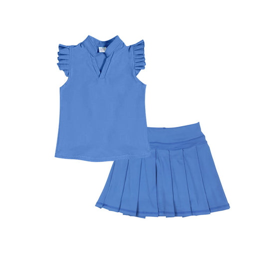 (Pre Order) No moq GSD3203 PRE-ORDER baby girl clothes yoga blue flying sleeve skirts sets-2025.11.21