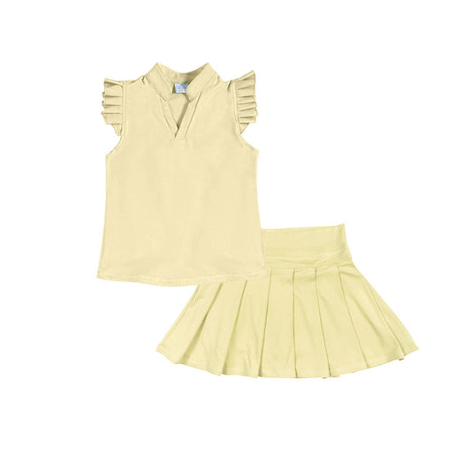 (Pre Order) No moq GSD3205 PRE-ORDER baby girl clothes yoga yellow flying sleeve skirts sets-2025.11.21