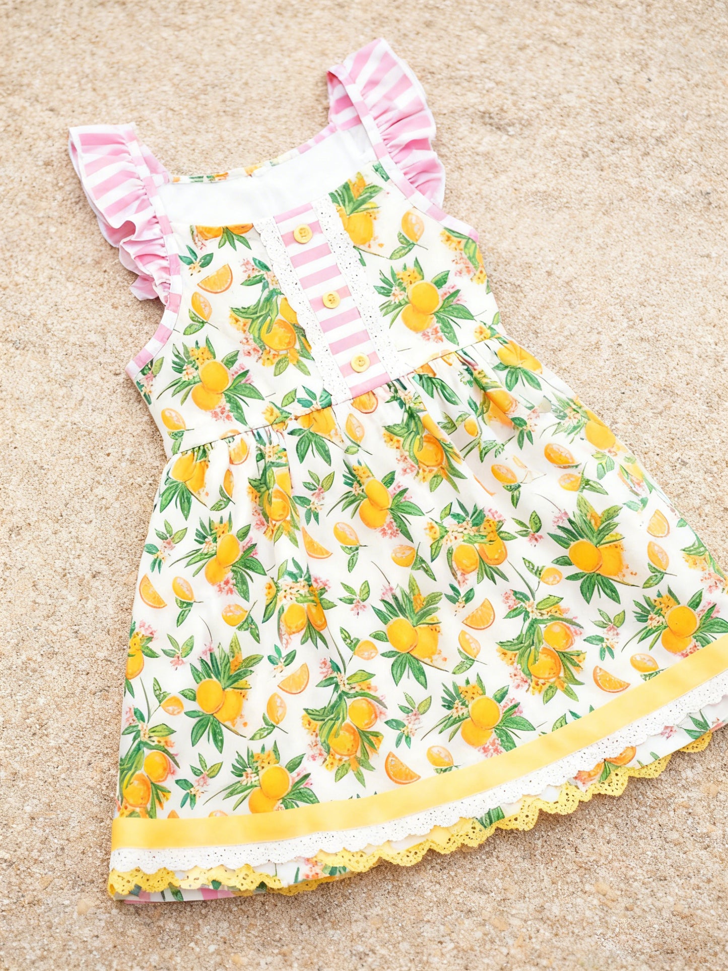 (Pre Order) No moq GSD3262 Pre-order baby girl clothes lemon floral yellow flying sleeve dress-2025.11.25