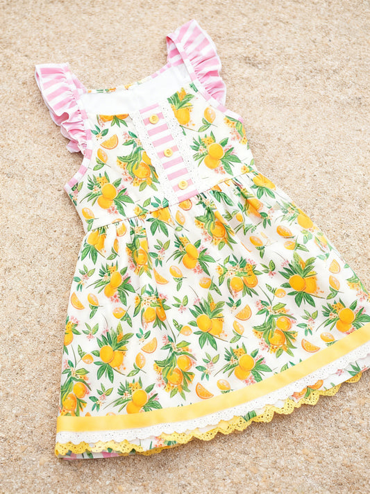 (Pre Order) No moq GSD3262 Pre-order baby girl clothes lemon floral yellow flying sleeve dress-2025.11.25