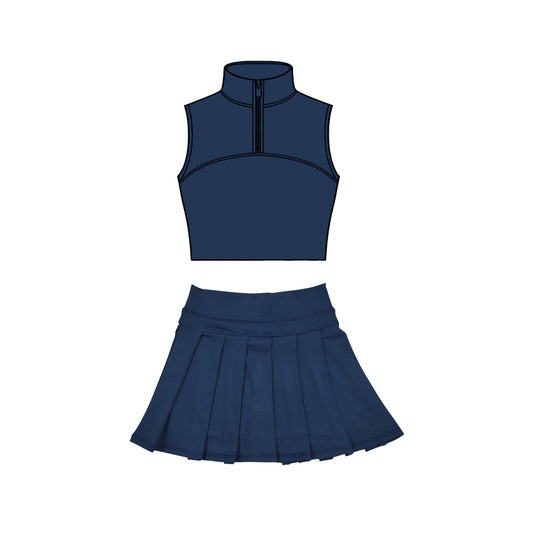 (Pre Order) No moq Pre-order baby girl clothes yoga navy blue sleeveless skirts sets-2025.11.27