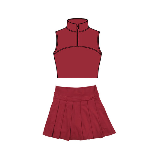 (Pre Order) No moq Pre-order baby girl clothes yoga dark red sleeveless skirts sets-2025.11.27
