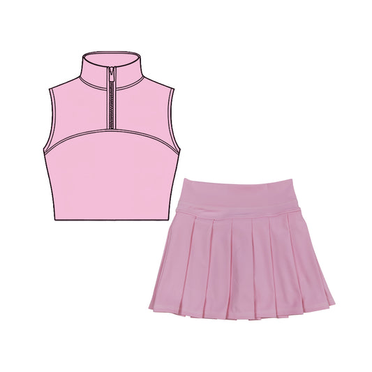 (Pre Order) No moq Pre-order baby girl clothes yoga pink sleeveless skirts sets-2025.11.27