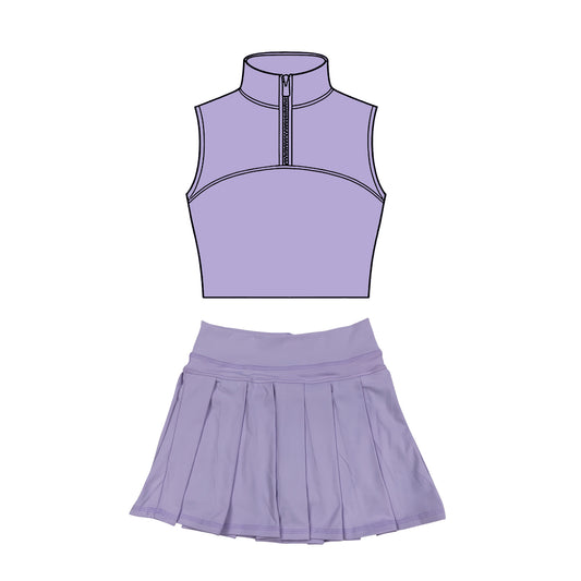 (Pre Order) No moq Pre-order baby girl clothes yoga purple sleeveless skirts sets-2025.11.27