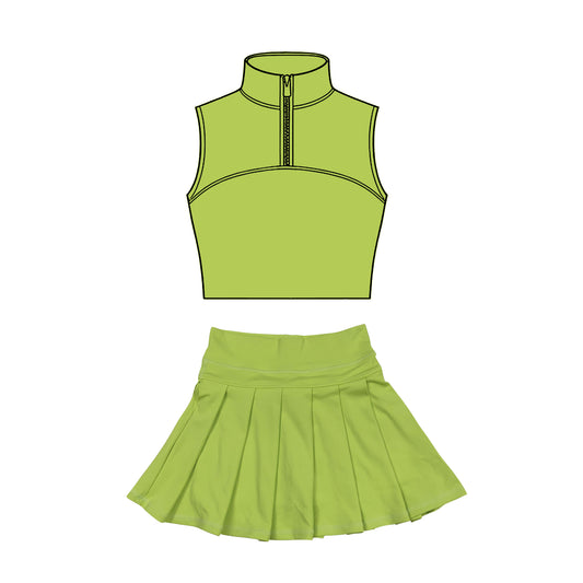 (Pre Order) No moq Pre-order baby girl clothes yoga bright green sleeveless skirts sets-2025.11.27