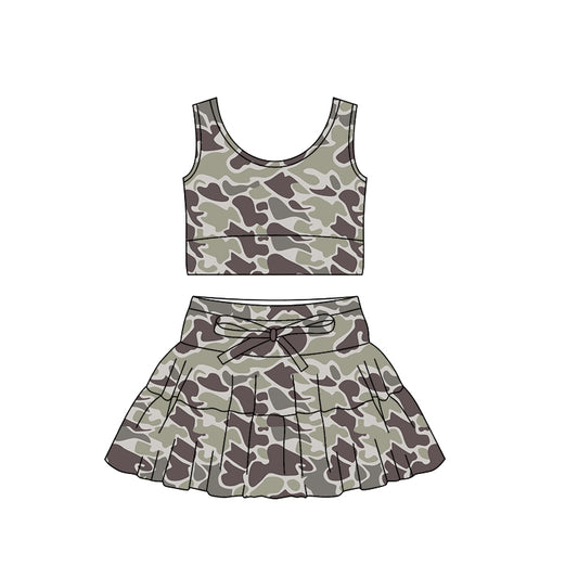 (Pre Order) No moq PRE-ORDER baby girl clothes yoga camouflage sleeveless skirts sets