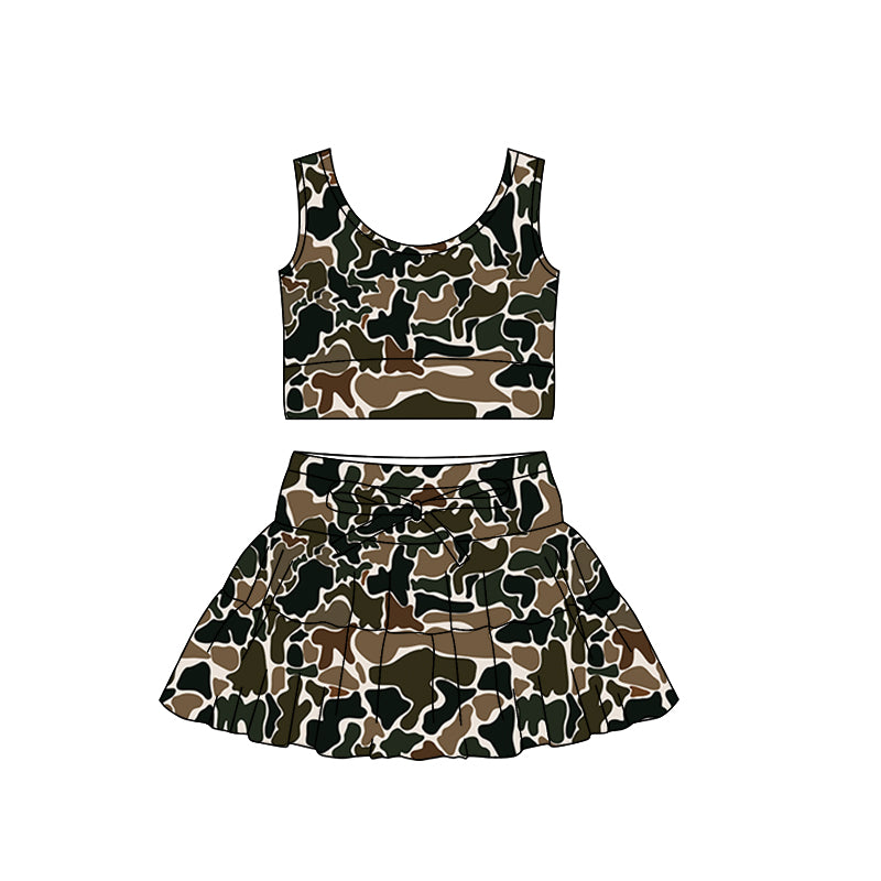 (Pre Order) No moq PRE-ORDER baby girl clothes yoga camouflage sleeveless skirts sets