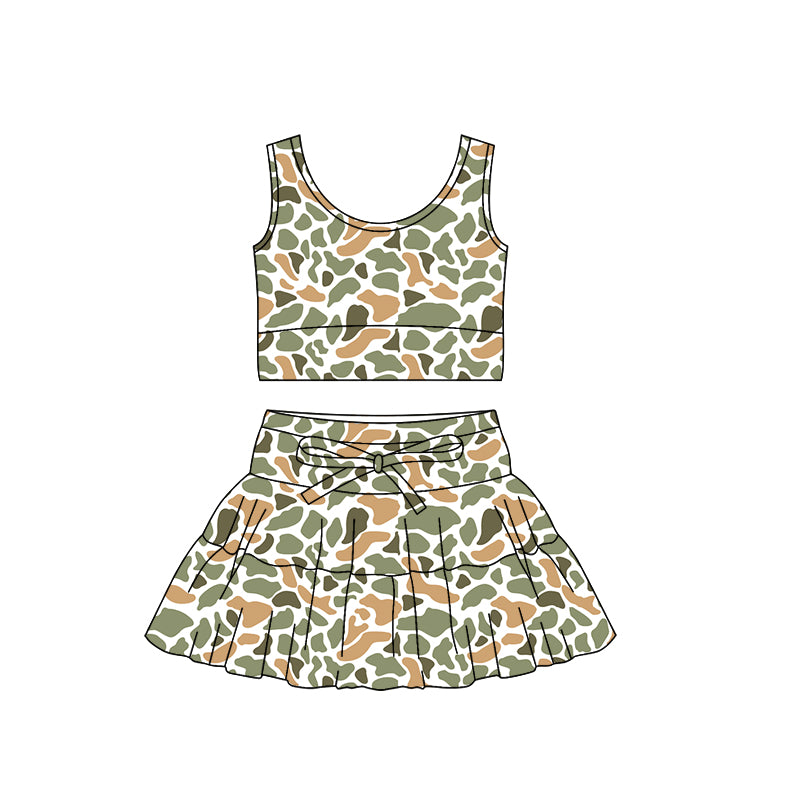 (Pre Order) No moq PRE-ORDER baby girl clothes yoga camouflage sleeveless skirts sets