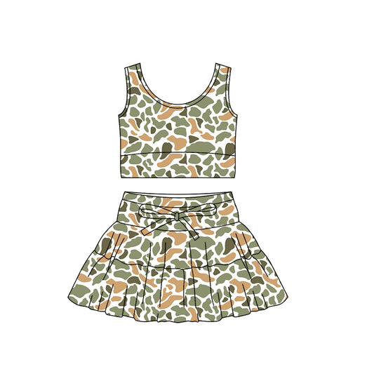 (Pre Order) No moq PRE-ORDER baby girl clothes yoga camouflage sleeveless skirts sets