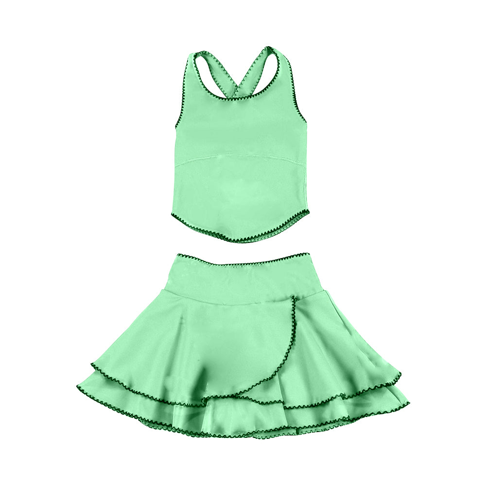 (Pre Order) No moq PRE-ORDER baby girl clothes yoga green sleeveless skirts sets-25.11.29