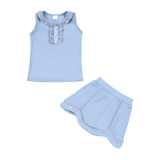 (Pre Order) No moq PRE-ORDER baby girl clothes yoga sky blue sleeveless skirts sets-25.11.29