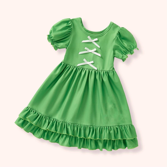 (Pre Order) No moq Pre-order baby girl clothes bow green short sleeve dress-25.11.29