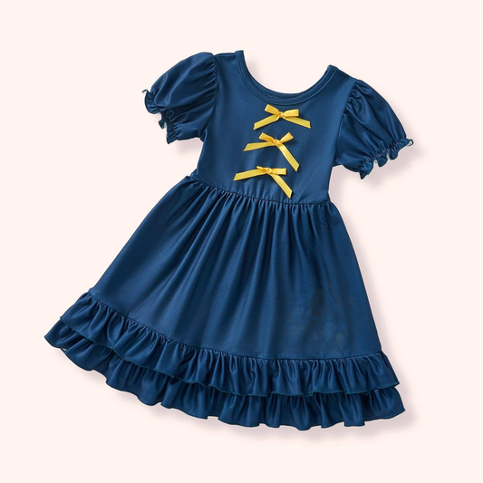 (Pre Order) No moq Pre-order baby girl clothes bow navy blue short sleeve dress-25.11.29