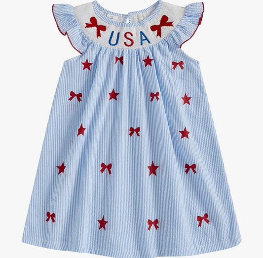 (Pre Order) No moq Pre-order baby girl clothes bow USA blue flying sleeve dress-25.11.29