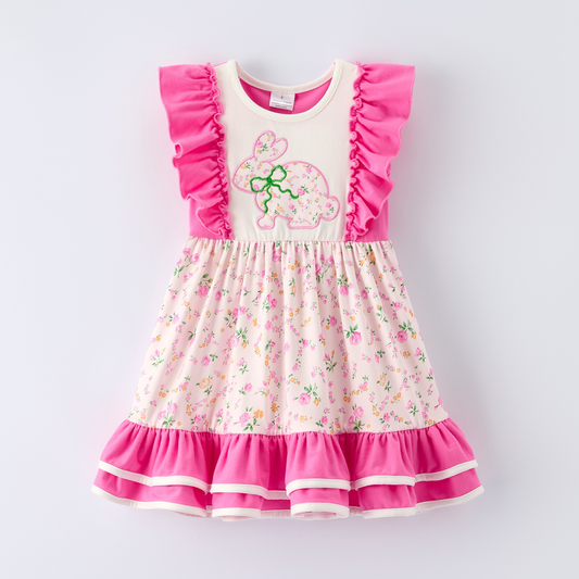 (Pre Order) No moq Pre-order baby girl clothes bow bunny floral flying sleeve dress-25.11.29