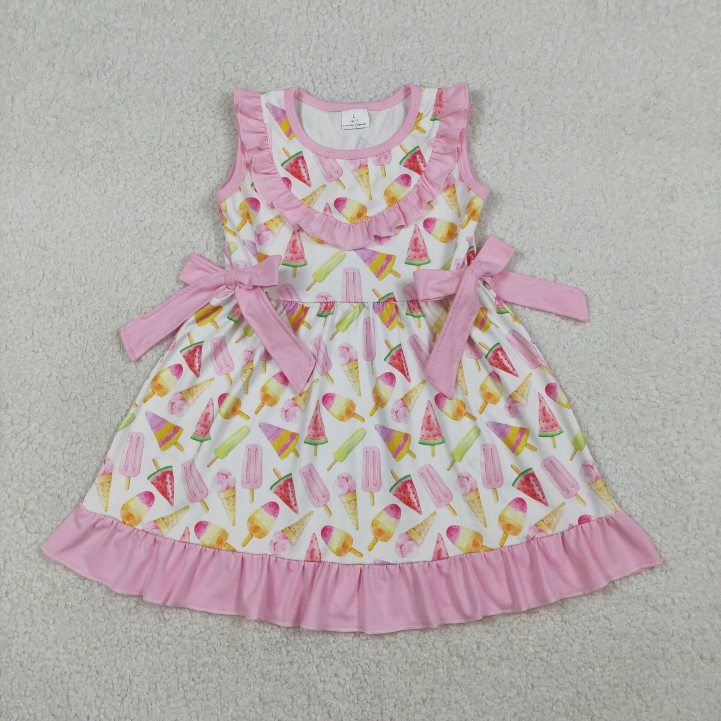 RTS NO MOQ（In Stock ) GSD3470 Ice Cream Stick, Pink Lace-Trimmed White Sleeveless Dress with Bow