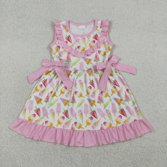 RTS NO MOQ（In Stock ) GSD3470 Ice Cream Stick, Pink Lace-Trimmed White Sleeveless Dress with Bow