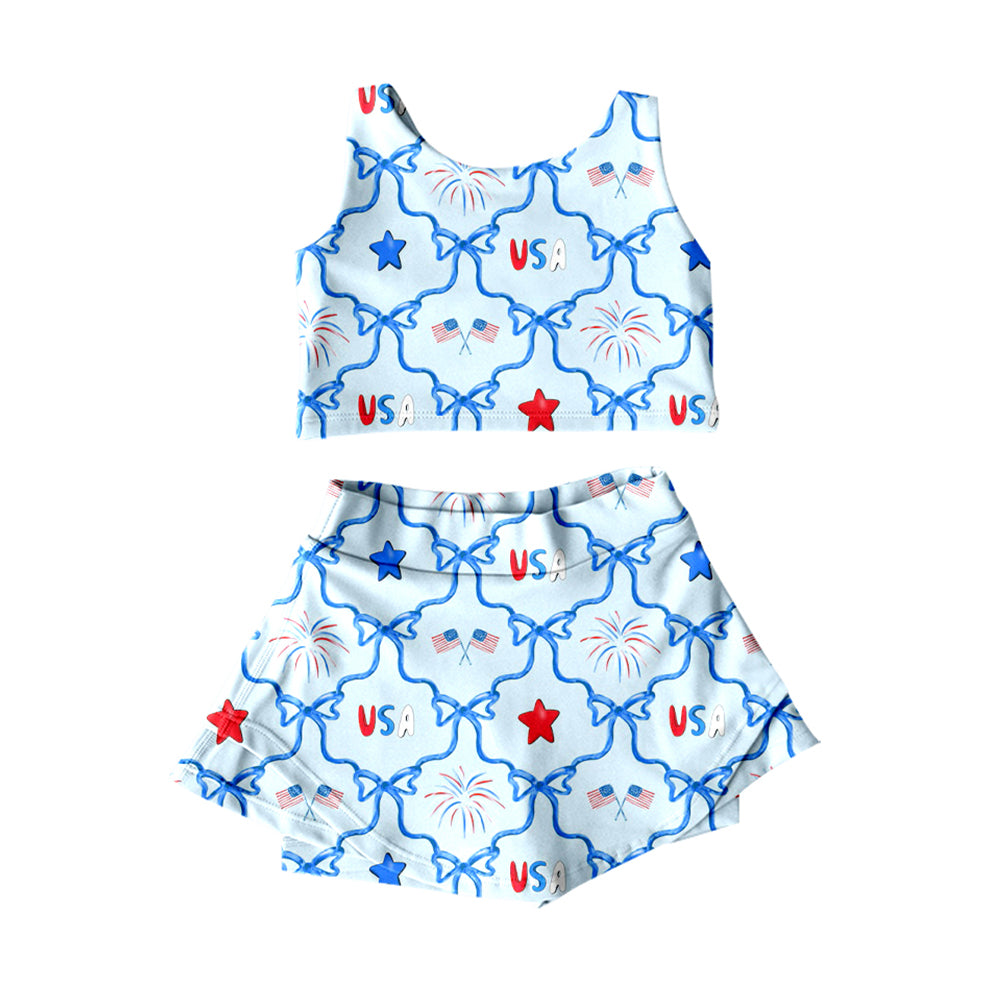 (Pre Order) No moq Pre-order baby girl clothes yoga USA flag bow sleeveless skirts sets-25.12.26