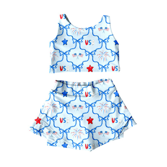 (Pre Order) No moq Pre-order baby girl clothes yoga USA flag bow sleeveless skirts sets-25.12.26