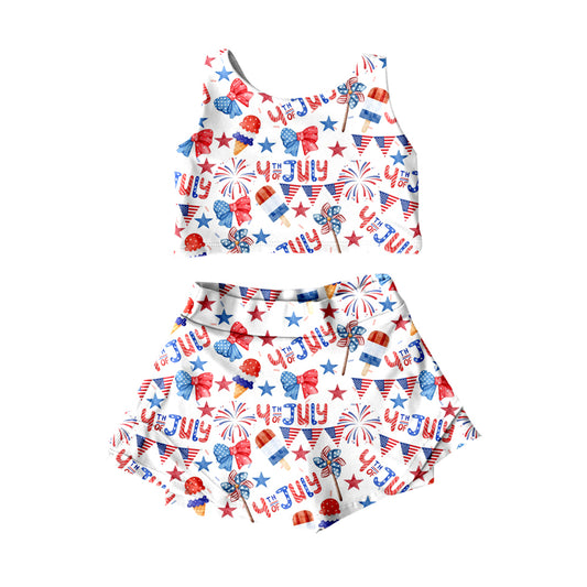 (Pre Order) No moq Pre-order baby girl clothes yoga 4TH OF JULY bow sleeveless skirts sets-25.12.26