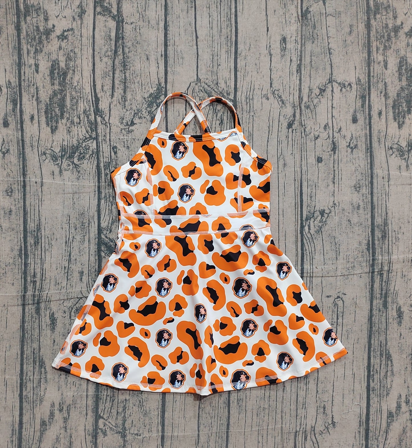 (Pre Order) No moq GSD3634 Pre-order baby girl clothes yoga team camouflage orange sleeveless dress-26.1.19