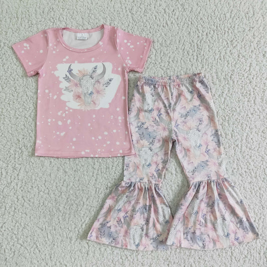 GSPO0072 (2) GSPO0072 Girls' pink bull head flower short-sleeved trousers suit