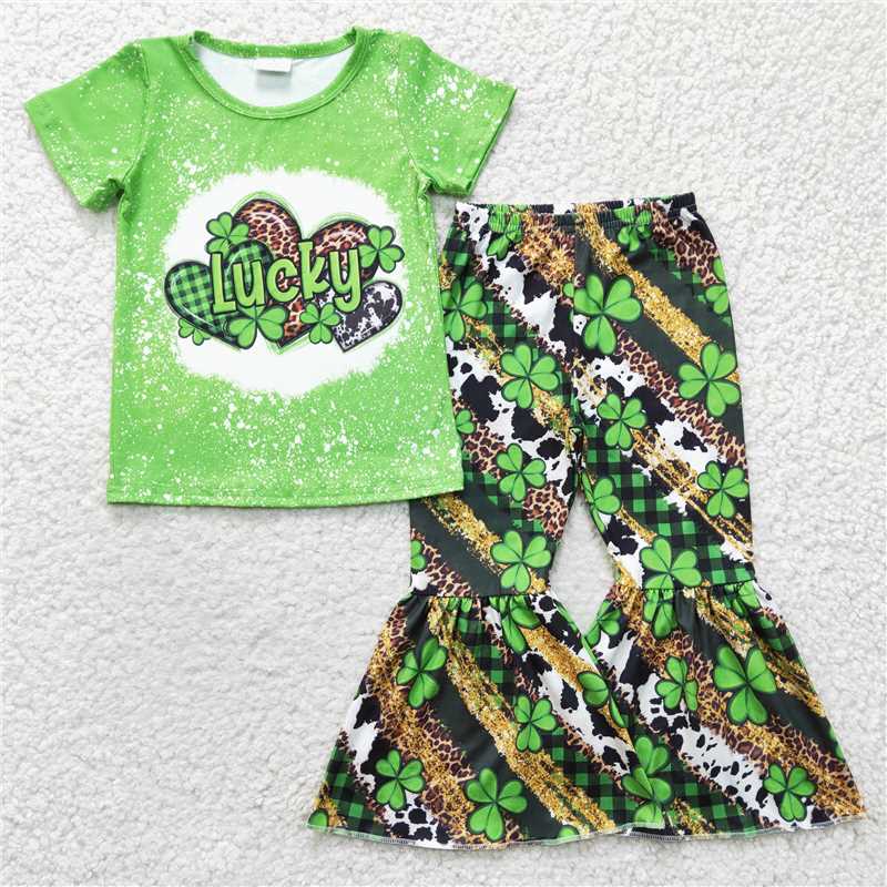 RTS NO MOQ St. Patrick's Four Leaf Clover Short Sleeve Pants Suit