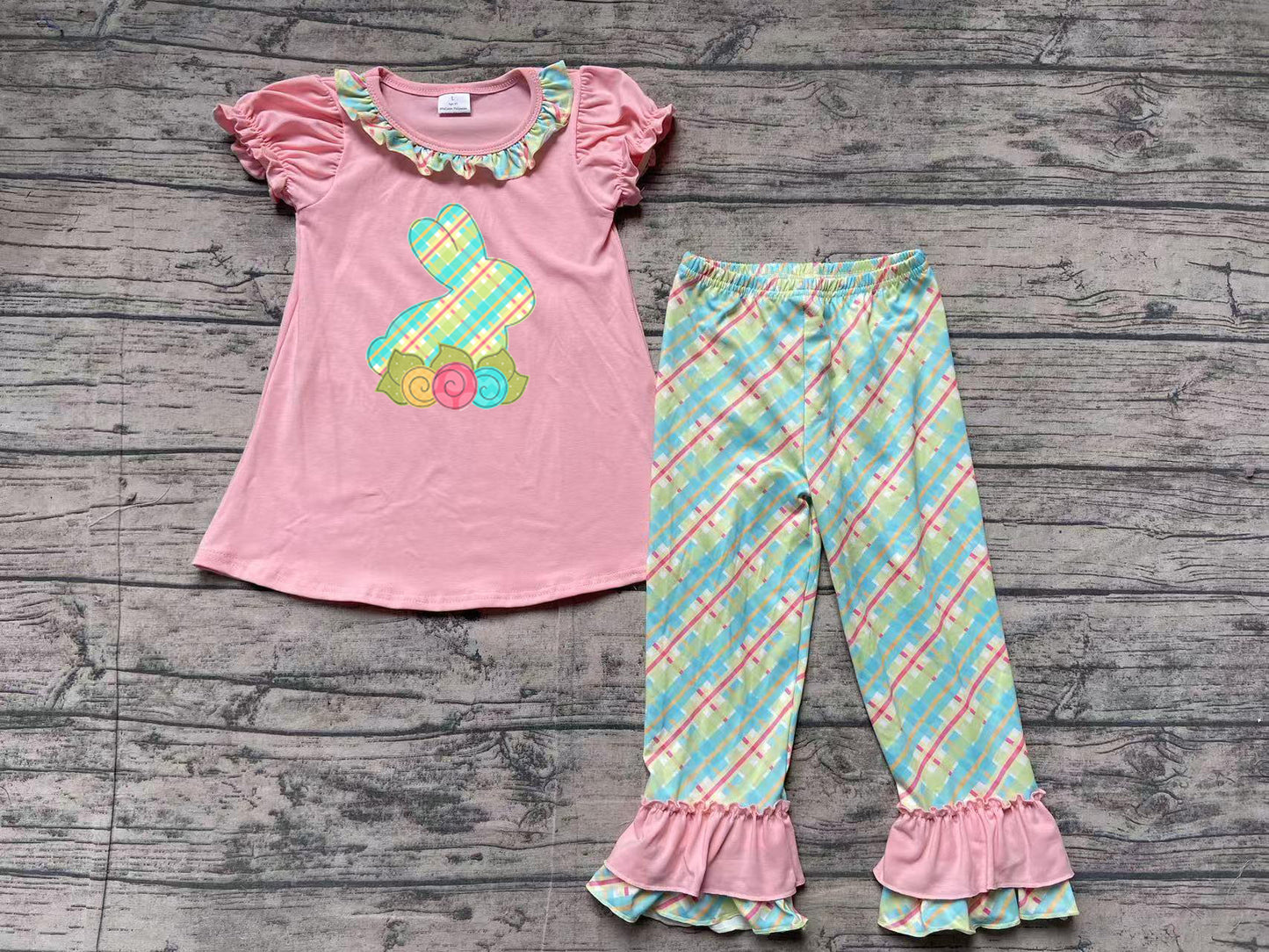 no moq GSPO0974 pre-order embroidery Rabbit lace pink short-sleeved colorful plaid trousers suit