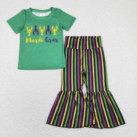 RTS NO MOQ Baby Girls Green Mardi Gras Crawfish Print Stripes Bell Pants Outfit Set Cute Festive Clothing for Infants