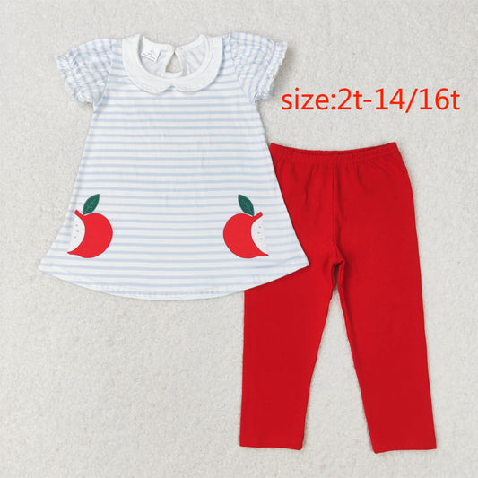 RTS no moq GSPO1446 Apple Stripe Doll Collar Short Sleeve Red Pants Suit