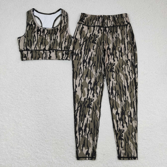 rts no moq GSPO1461 Adult female brown and green camouflage sleeveless pants yoga suit