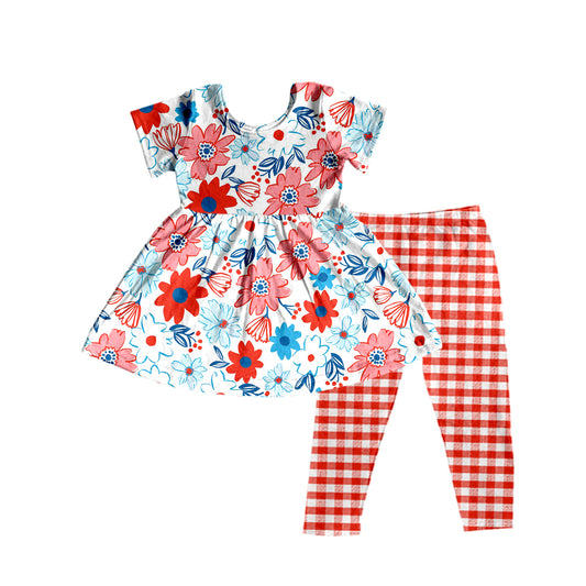 GSPO1484 Girls flower short sleeve red grid pants suit